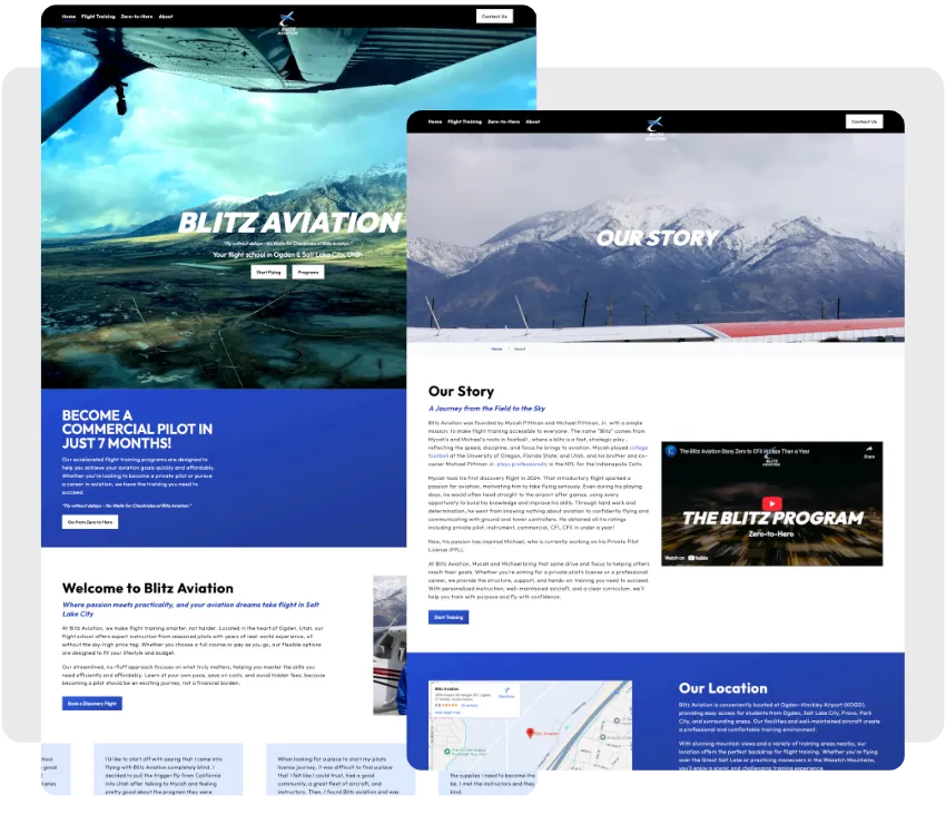 Two screenshots Blitz Aviation Coho website