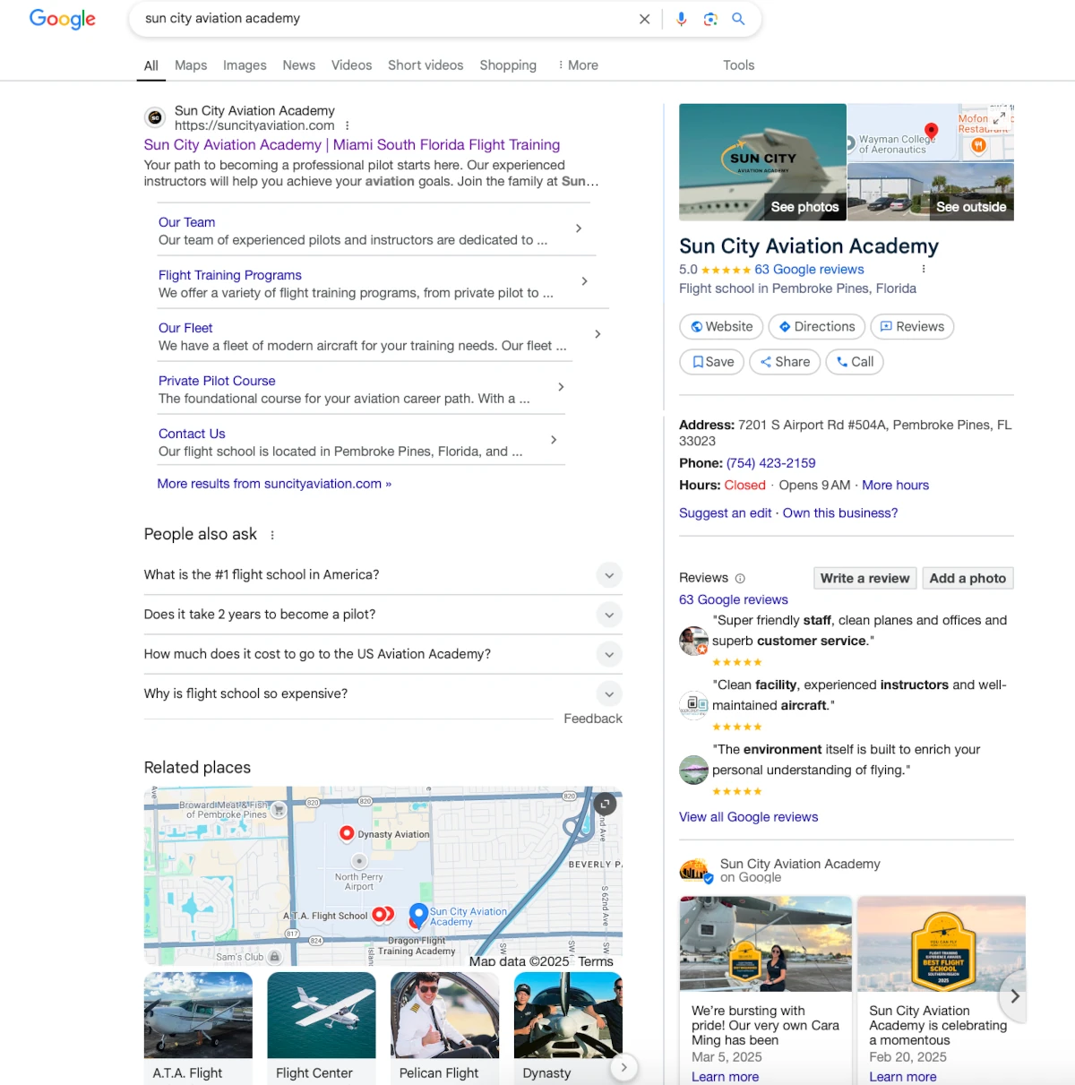 Example of highly optimized Google Business Profile (Sun City Aviation Academy, Miami)